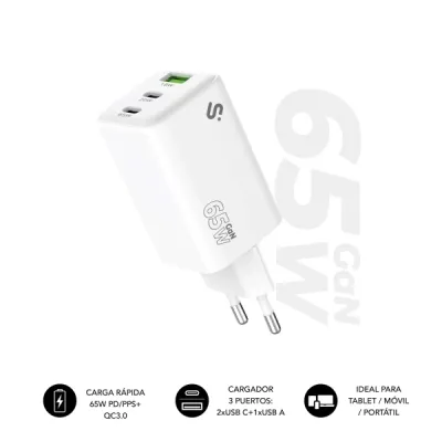 Subblim Cargador de Pared GaN 65W - 3 Puertos (2xUSB-C + 1xUSB-A) - Carga Rápida - Blanco
