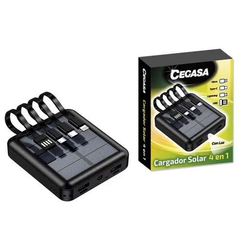 Cegasa Powerbank Solar 5000mAh 4 en 1 con Salidas USB-C, Lightning, USB-A y Micro USB - Negro