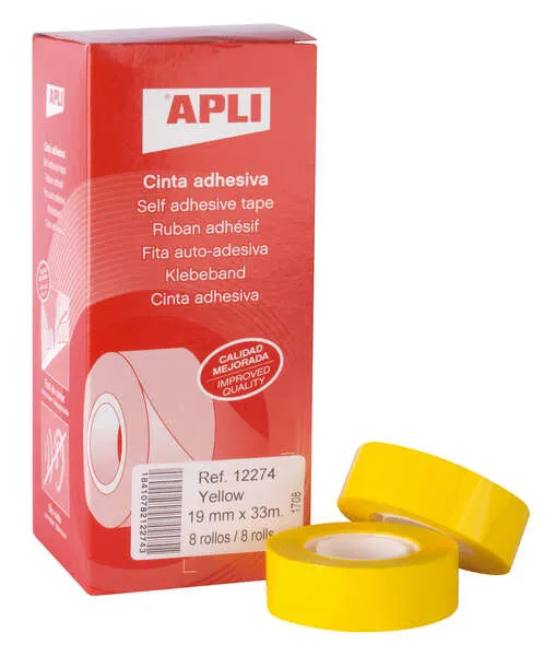 Apli Cinta Adhesiva Polipropileno 19Mm X 33M - Resistente Al Agua Y A La Intemperie - Facil De Cortar Con Las Manos - Ideal Para Etiquetar Y Marcar - Color Amarillo