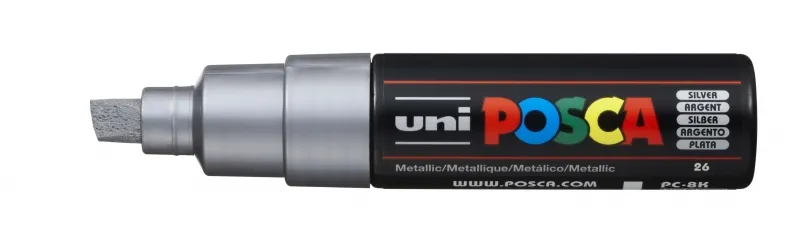 Posca Pc-8K Marcador De Pintura - Punta Biselada Acrilica 8Mm - Tinta Base Al Agua - No Permanente - Resistente A La Luz - Color Plata Metálico