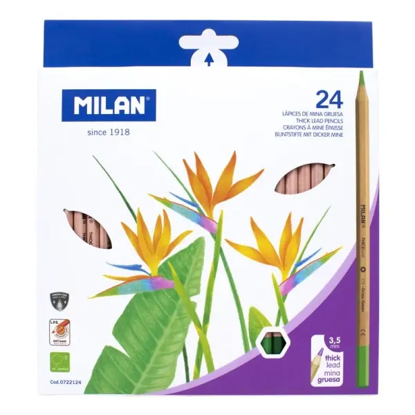 Milan Pack de 24 Lápices Hexagonales de Colores - Mina Gruesa 3.5mm - Madera FSC