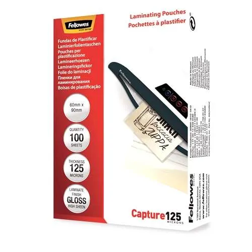 Fellowes Pack De 100 Fundas Para Plastificar Brillo Para Tarjetas 60 X 90Mm - 125 Micras - Alta Calidad - Transparente