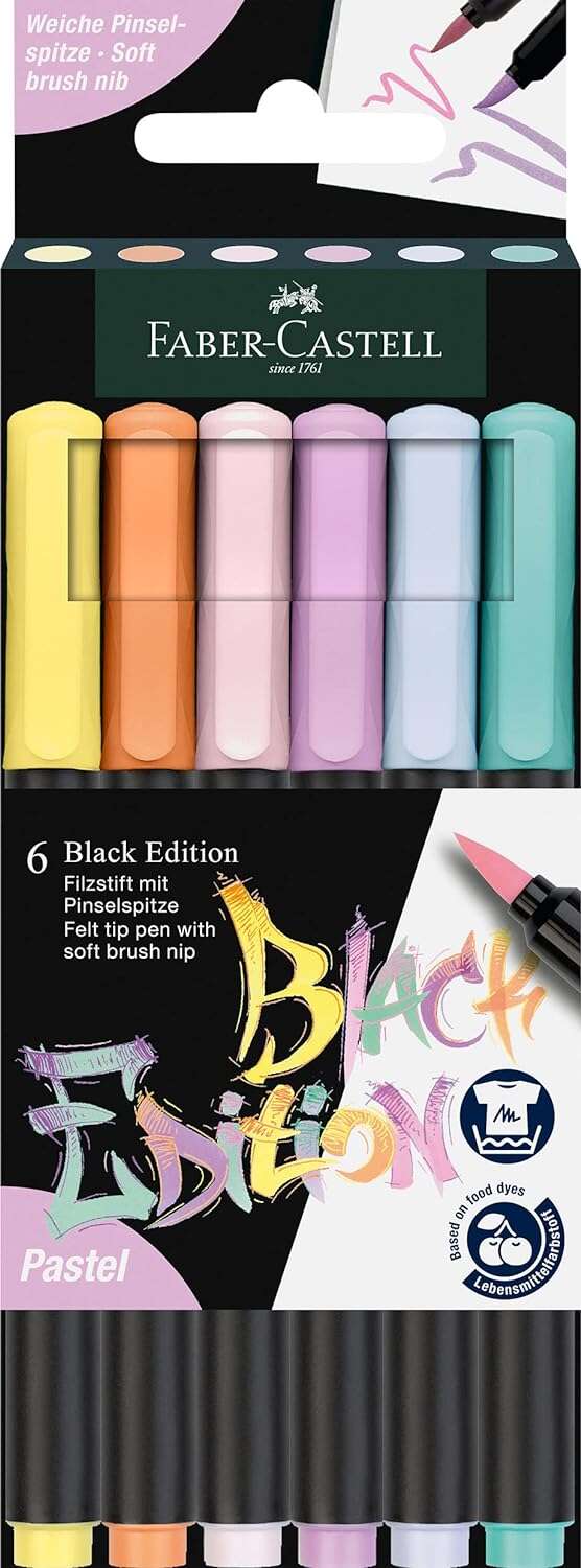 Faber-Castell Black Edition Pack De 6 Rotuladores Punta Pincel - Tinta A Base De Colorantes Alimentarios - Colores Pastel Surtidos