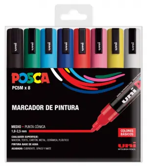 Posca Estuche de 8 Marcadores de Pintura, Punta de Poliéster 1.8-2.5mm, Tinta Base Agua, Color Surtido