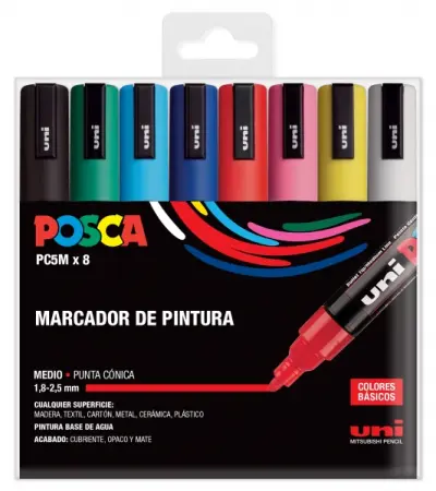 Posca Estuche de 8 Marcadores de Pintura, Punta de Poliéster 1.8-2.5mm, Tinta Base Agua, Color Surtido
