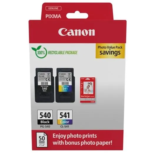 Canon PG-540 Negro + CL-541 Color Pack de 2 Cartuchos de Tinta Originales + 50 Hojas de Papel Fotográfico