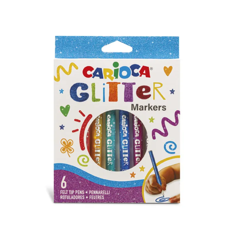 Carioca Glitter Caja 6 Rotuladores - Punta Ø 1mm - Tinta Liquida a Base de Agua - Punta de Alta Calidad - Efecto Glitter - Resistente a la Luz - Color Varios