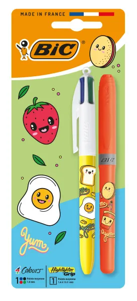 Bic 4 Colours Decors Kawaii Pack Con 1 Boligrafo De Bola Retractil + 1 Marcador Highlighter Grip Fluor De Color Aleatorio - Punta Media De 1.0Mm - Tinta Con Base De Aceite - Cuerpo Decorado Con Dibujos Kawaii - Colores Surtidos