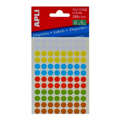 Apli Minibolsa de 288 Etiquetas Redondas Ø 8mm - Adhesivo Permanente - Colores Surtidos
