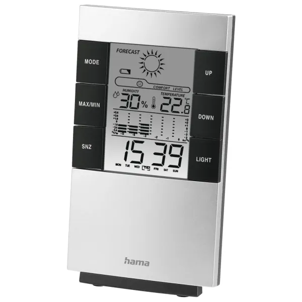 Hama Medidor de Temperatura y Humedad Digital con Reloj y Alarma - Color Negro y Plata