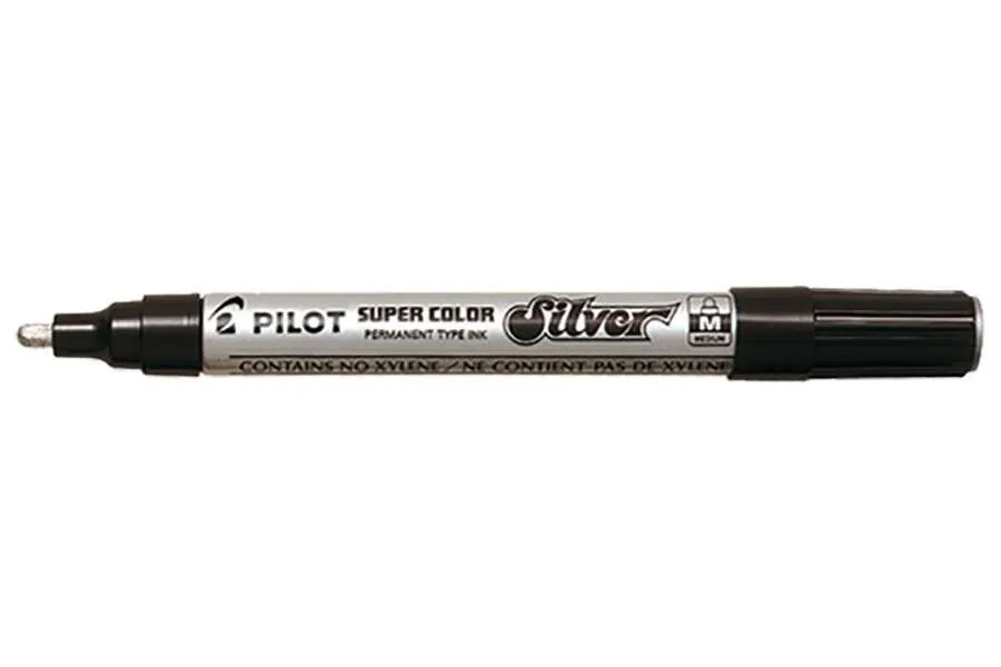 Pilot Super Color Rotulador Permanente Medio - Punta de 4,5mm de Poliacetal - Tinta muy Densa y Opaca - Cuerpo Metalico - Color Plata