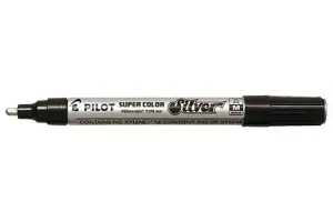 Pilot Super Color Rotulador Permanente Medio - Punta de 4,5mm de Poliacetal - Tinta muy Densa y Opaca - Cuerpo Metalico - Color Plata