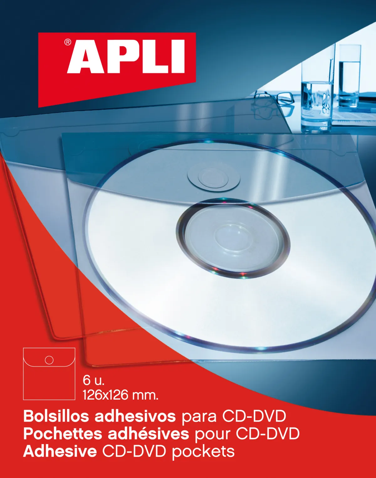 Apli Bolsillos Adhesivos para CD/DVD con Solapa de Cierre 126 x 126mm - Pack de 6