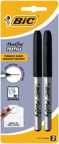 Bic Marking Textile Pack De 2 Rotuladores Permanentes Para Ropa - Punta Ultrafina 0.9Mm - Lavados Hasta 90º - Tinta Con Base De Alcohol - Color Negro