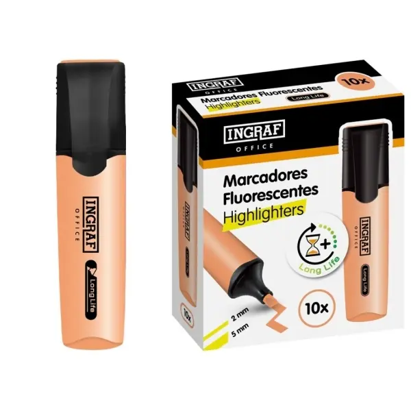 Ingraf Marcador Fluorescente Naranja Punta Biselada Trazo 2-5mm Tinta Base Agua