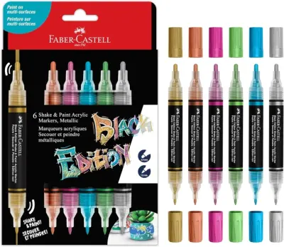 Faber-Castell Shake & Paint Black Edition Pack de 6 Rotuladores Acrílicos Doble Punta 1mm y 3mm Tinta Acrílica al Agua Colores Metálicos