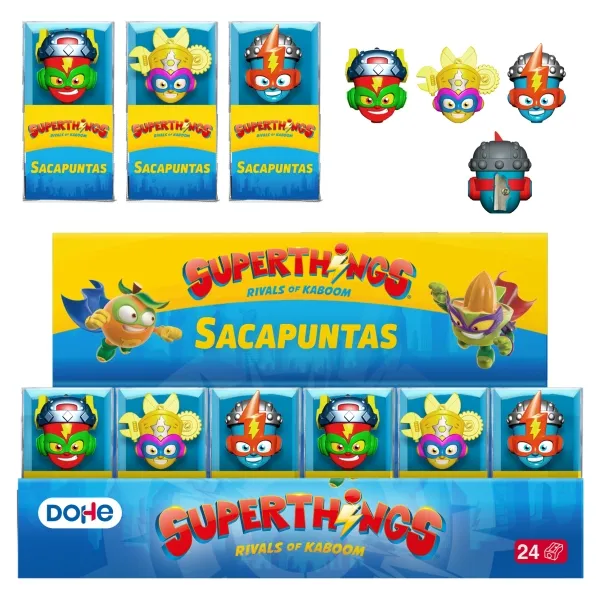 Dohe Expositor Superthings con 24 Sacapuntas en PVC y Cuchilla de Acero