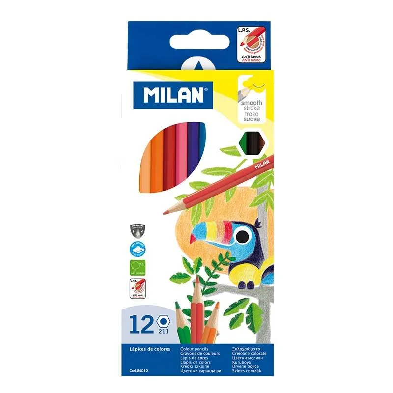 Milan Pack De 12 Lapices Hexagonales De Colores - Mina 2.9Mm - Trazo Uniforme - Resistente A La Rotura - Colores Surtidos