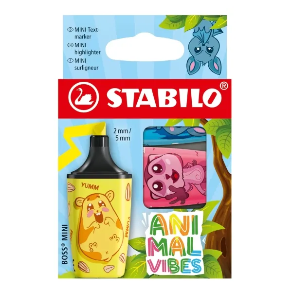 Stabilo Boss Mini Animal Vibes Pack De 3 Mini Marcadores Fluorescentes - Trazo Entre 2 Y 5Mm - Tinta Con Base De Agua - Antisecado - Colores Surtidos