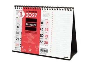 Finocam Calendario de Sobremesa Anual 2027 Mes Vista Formato S 210x150mm Espiral Doble Rojo y Blanco