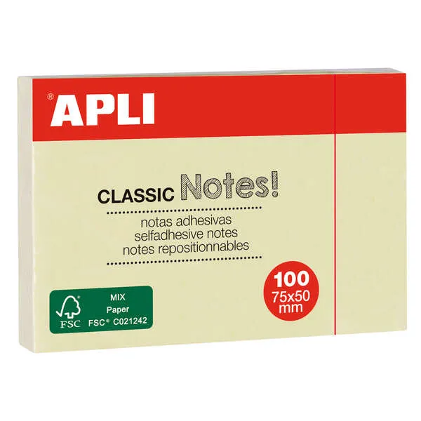 Apli Notas Adhesivas Classic 75X50Mm Bloc 100 Hojas - Adhesivo De Calidad - Facil De Despegar - Ideal Para Recordatorios - Amarillo