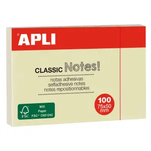 Apli Notas Adhesivas Classic 75x50mm Bloc 100 Hojas Adhesivo de Calidad