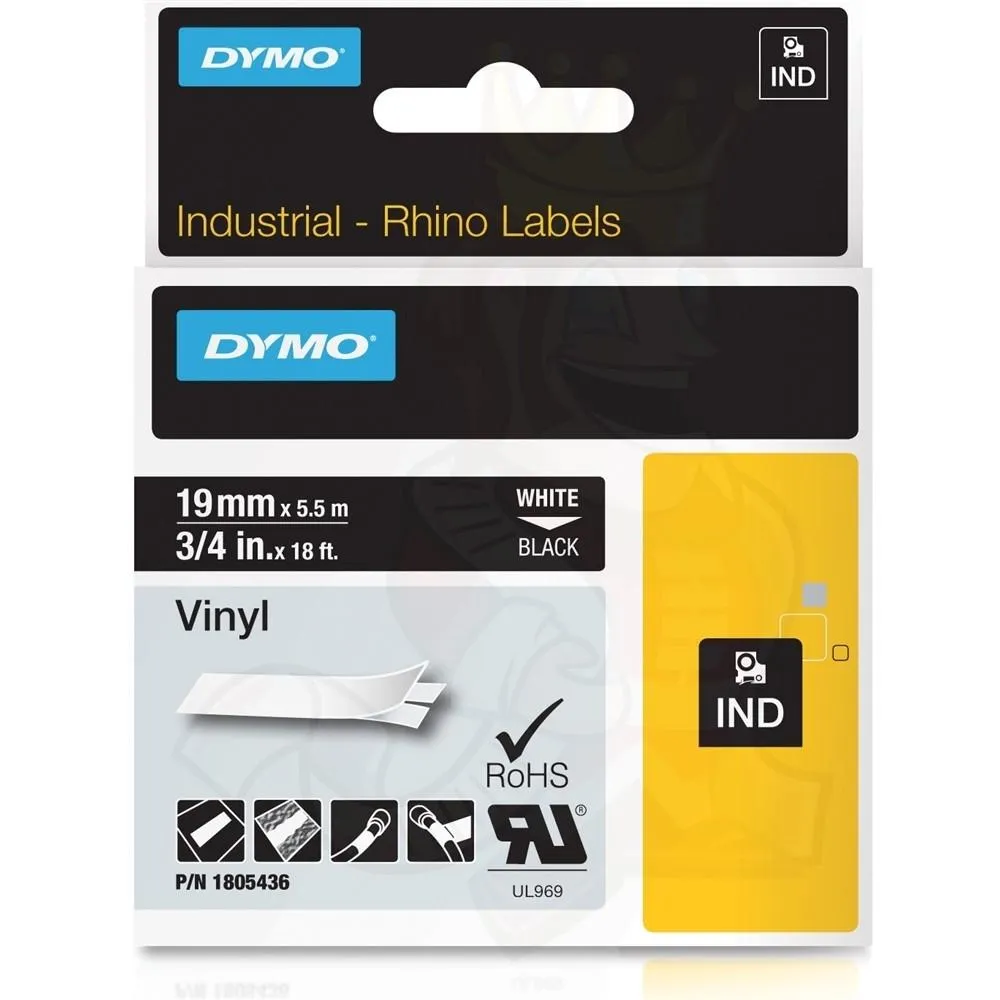 Dymo Cinta De Etiquetas Industrial Adhesiva Id1-19 - Blanco Sobre Negro - 19Mmx5.5M - Poliester - Rotuladora Rhino