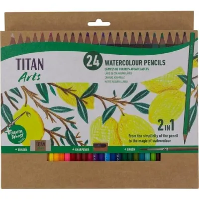 Titan Arts Lápices De Colores Acuarelables Surtidos 24 Ud Con Pincel, Goma Y Sacapuntas