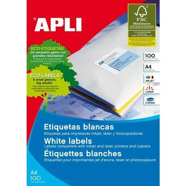 APLI ETIQUETAS ADHESIVAS 199,6X289,1MM LÁSER CALIDAD FOTOGRÁFICA C/ROMOS 1 X 10H BLANCO