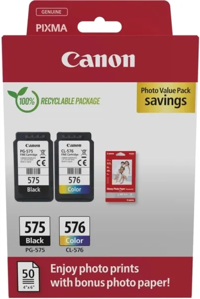 CANON TINTA ECOPACK BK+ C / M / Y + 50H PAPEL FOTOGRÁFICO 10X15 PARA PIXMA TR 4750I/4751I/4755I - TS 3550I/3551I - PG 575 + CL 576