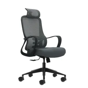 Oqonos Cherg 005 Silla de Oficina Ergonomica con Reposacabezas Ajustable y Respaldo de Malla Transpirable - Gris y Negro