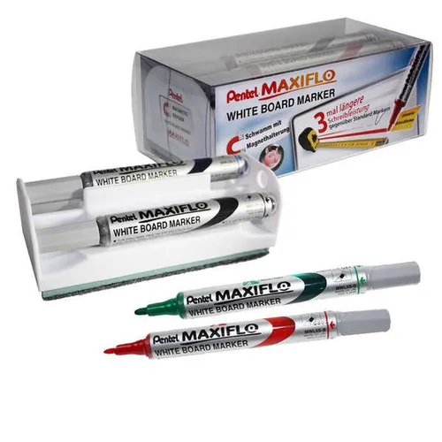Pentel Maxiflo Pack de 4 Rotuladores para Pizarra Blanca con Borrador Magnético - Punta de Bala 2mm - Colores Negro, Azul, Rojo y Verde