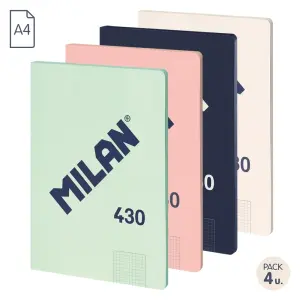 Milan Pack de 4 Libretas A4 Encoladas Cuadricula 5x5mm 48 Hojas 95g Colores Surtidos