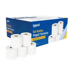 iggual Caja de 50 Rollos de Papel Térmico Sin BPA 80x80 mm