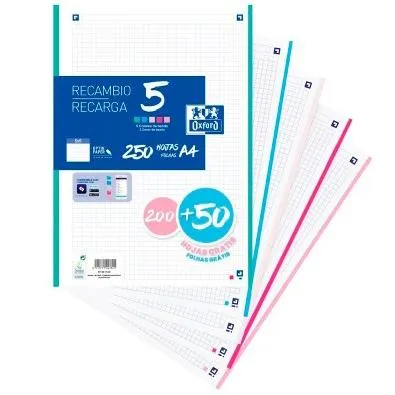 Oxford Recambio Classic 200+50H Gratis A4 Sueltas 90Gr 5X5Mm 4 Taladros 5 Bandas Colores Pastel