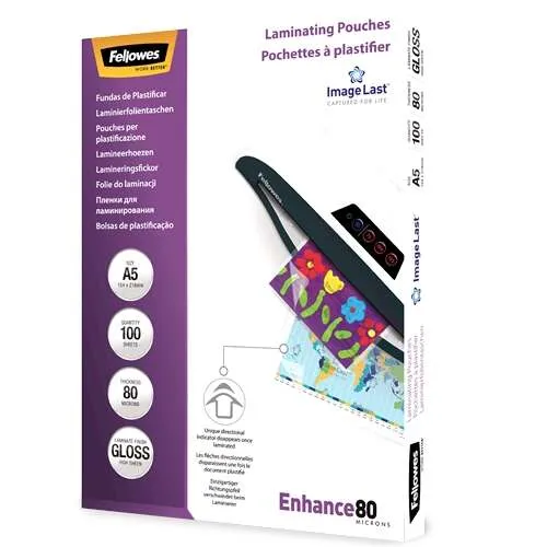 Fellowes Pack De 100 Fundas Para Plastificar Brillo A5 - 80 Micras - Alta Calidad - Transparente