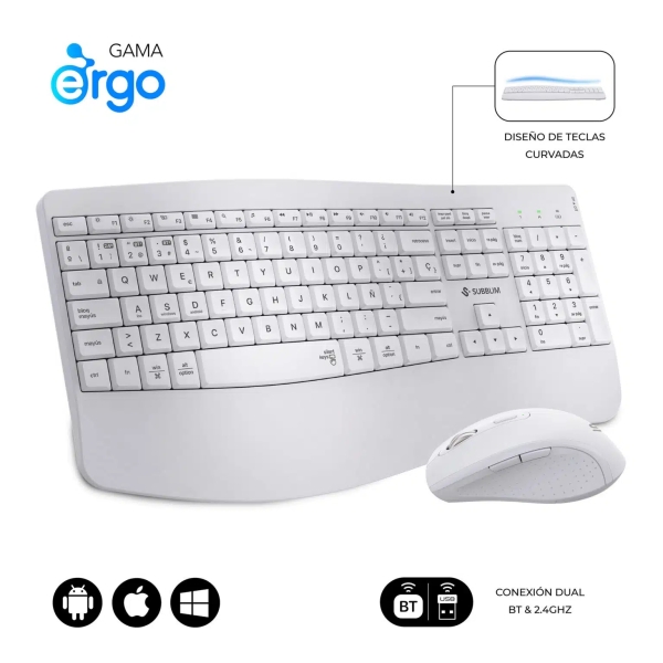 Subblim Dual Office Prowave White Pack De Teclado Ergonomico + Raton 3200Dpi Inalambricos Bluetooth 5.3 Y Receptor Usb - Bateria Recargable - Color Blanco