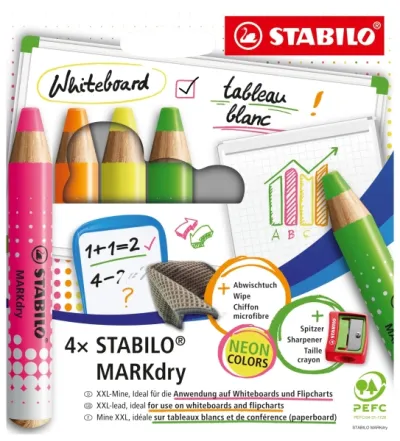 Stabilo MARKdry Neon Pack de 4 Marcadores para Pizarra con Sacapuntas y Paño de Limpieza