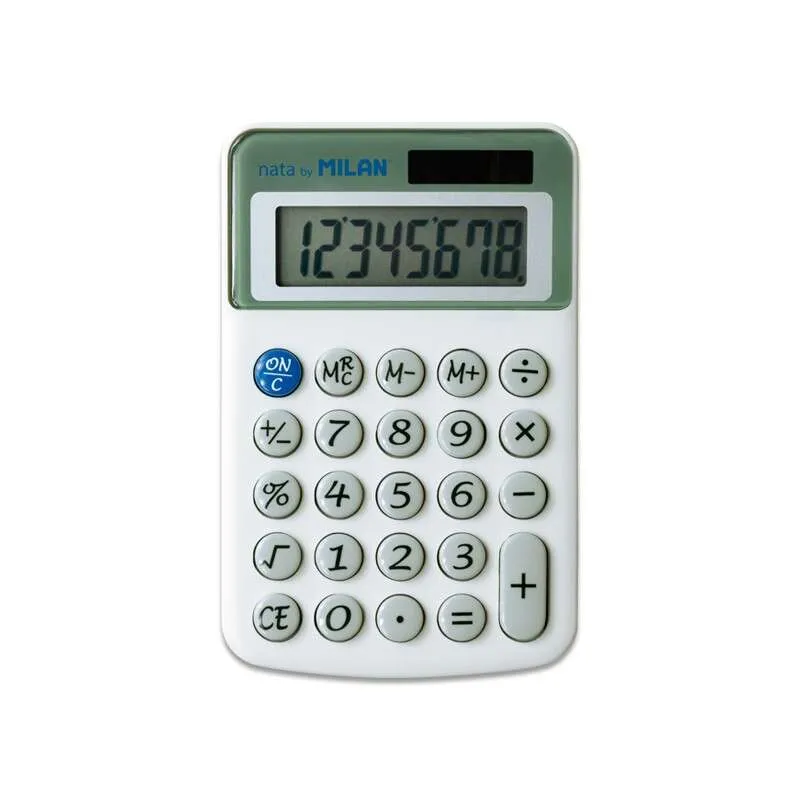 Milan Nata Calculadora De Sobremesa 8 Digitos - 3 Teclas De Memoria Y Raiz Cuadrada - Botones Redondeados - Apagado Automatico - Color Blanco