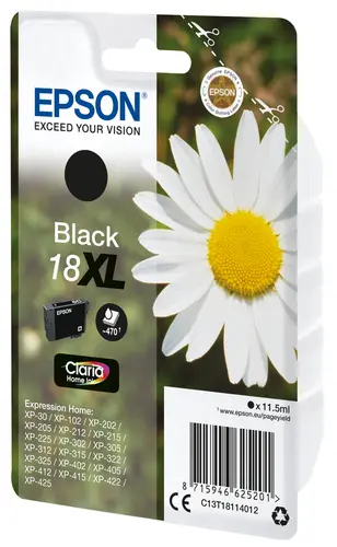 Epson Tinta Negra Nº18XL Compatible con Impresoras XP 30, 102, 202, 205, 212, 215, 305, 312, 315, 405, 412