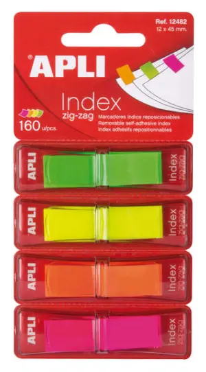 Apli Índices Adhesivos Film Zigzag 45x12mm - 4 Dispensadores Fluorescentes Removibles