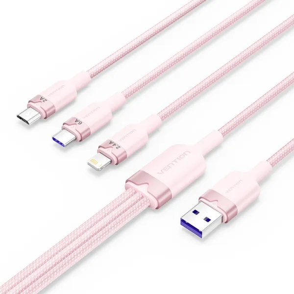 Vention Cable Usb-A 2.0 A Usb-C, Lightning, Micro-B 6A - 1.5M - Trenzado - Color Rosa