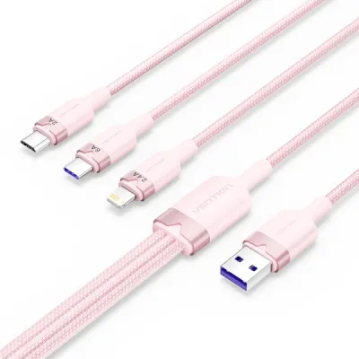 Vention Cable Usb-A 2.0 A Usb-C, Lightning, Micro-B 6A - 1.5M - Trenzado - Color Rosa