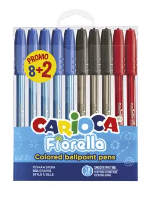Carioca Fiorella Pack 8+2 Bolígrafos Punta de Bola Ø 1mm Cuerpo Transparente Colores Surtidos