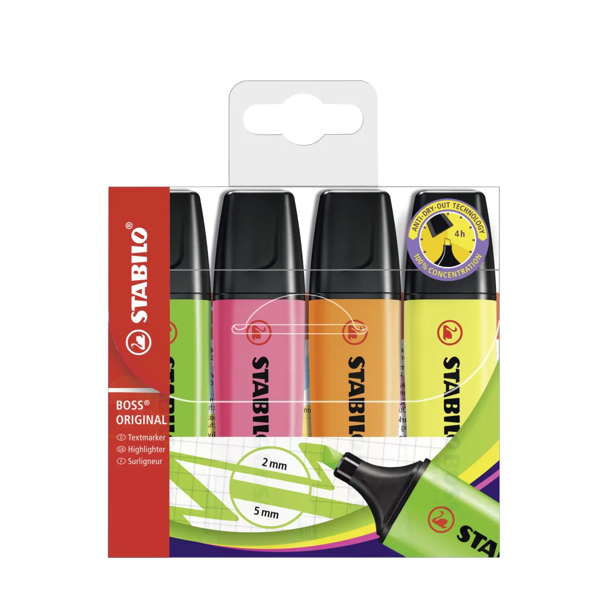 Stabilo Boss 70 Pack de 4 Marcadores Fluorescentes Recargables Tinta a Base de Agua