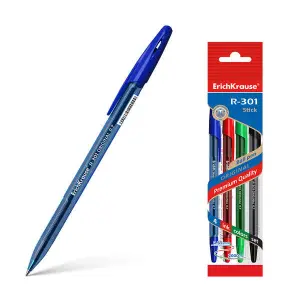ErichKrause Pack de 4 Bolígrafos R-301 Stick 0.7mm Tinta de Secado Rápido Color Azul