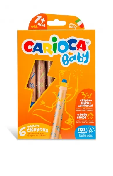 Carioca Baby 1+ Pack de 6 Lápices 3 en 1 - Cera y Acuarela - Cuerpo Extragrande - Colores Brillantes y Lavables