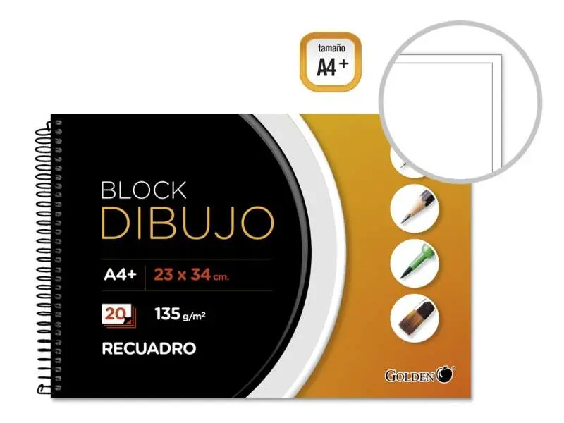 Golden Cuaderno de Dibujo A4+ 20 Hojas Papel 135gr Recuadro Interior A4