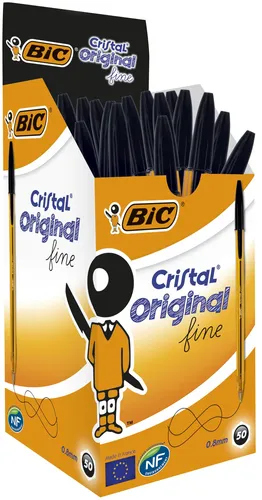 Bic Cristal Original Fine Boligrafo De Bola - Punta Redonda De 0.8Mm - Trazo De 0.30Mm - Tinta Con Base De Aceite - Translucido - Color Negro