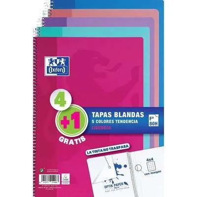 Oxford Pack 4+1 Cuadernos Espiral Folio Cuadriculado 4x4mm - 80 Hojas - Tapa Blanda